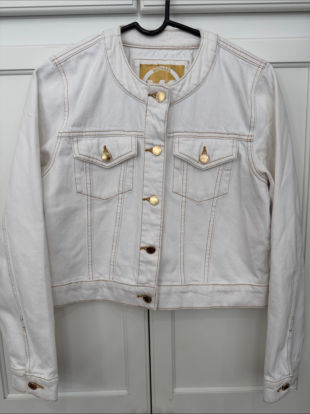 MICHAEL Michael Kors White Collarless Denim Jacket Gold Buttons and Detail | M